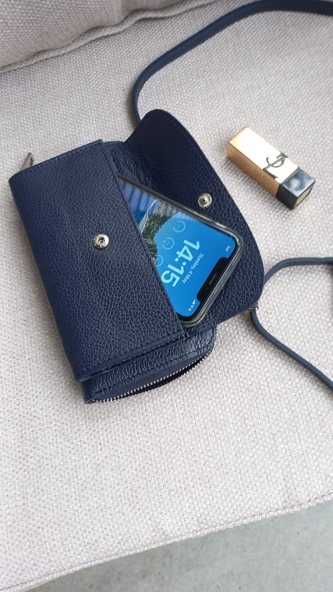 Sac pour téléphone portable Portefeuille en cuir Sac à bandoulière Crossbody bleu foncé